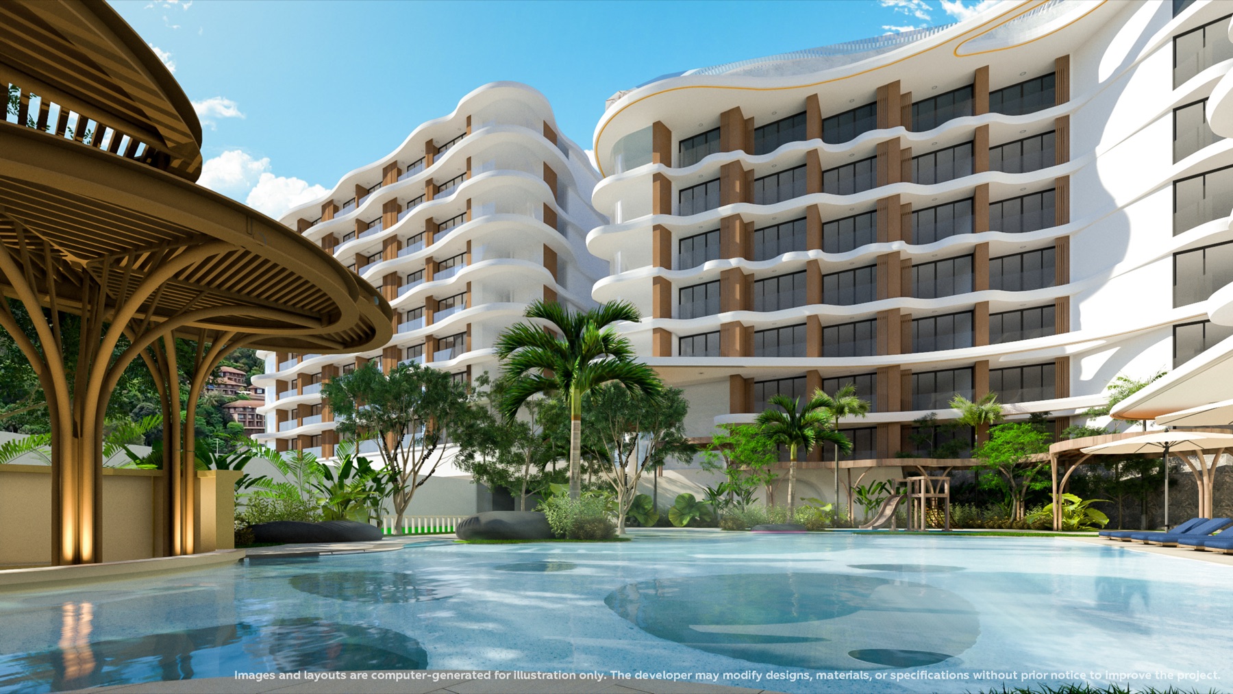 Building exterior and pool